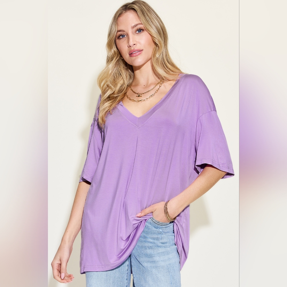 Basic Bae Full Size Bamboo V-Neck Drop Shoulder T-Shirt
